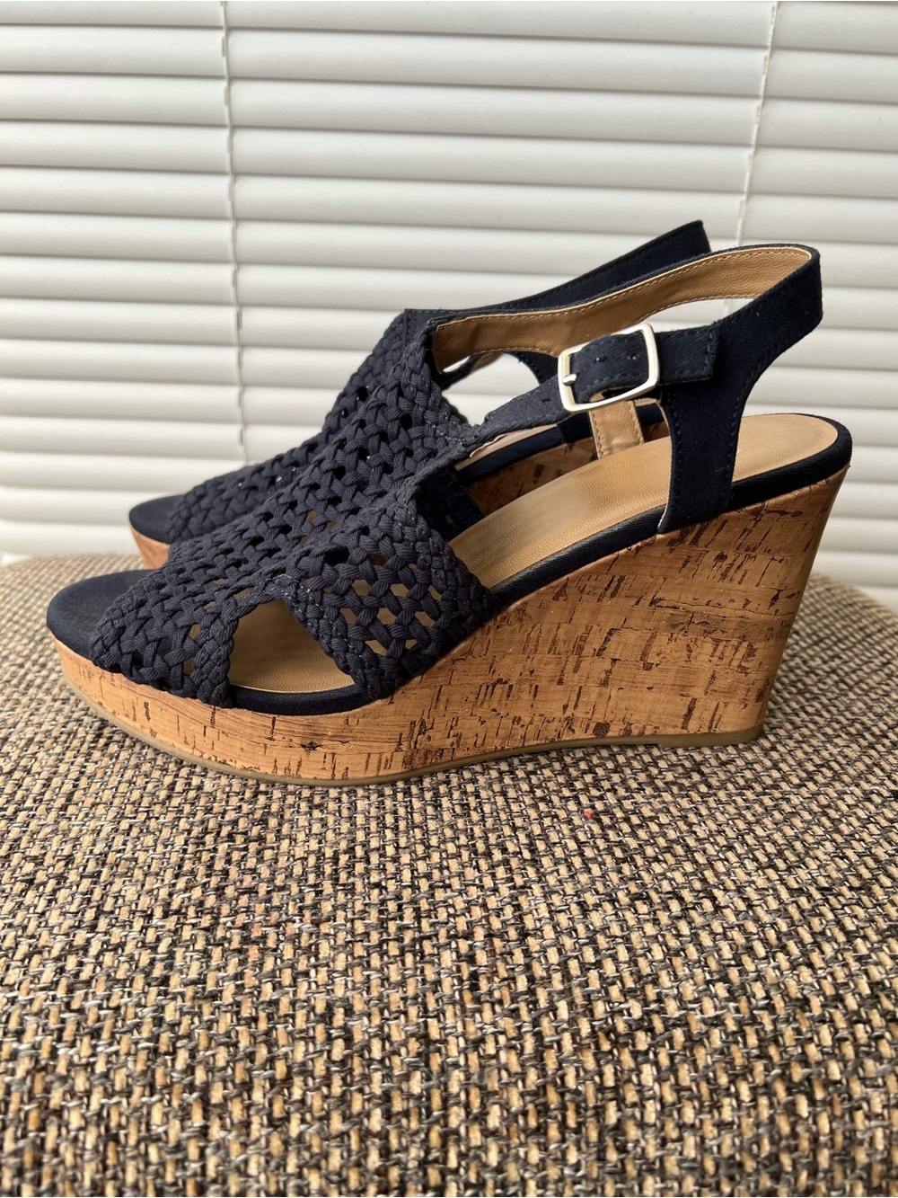 Sonoma Navy Woven Slingback Cork Wedge Sandals